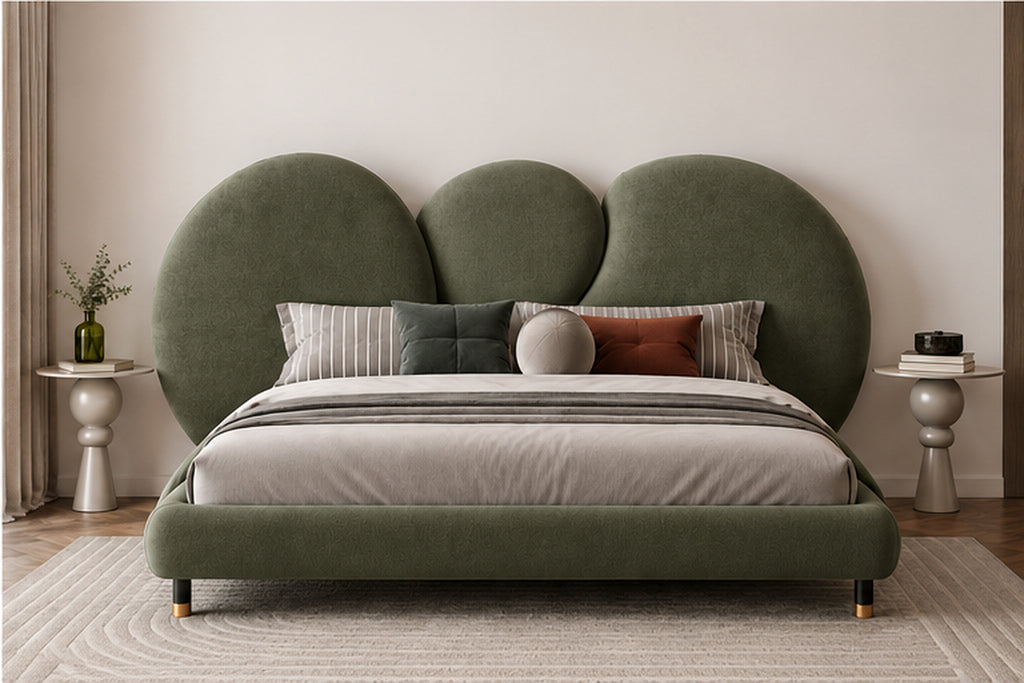 Luna Sculpted Bed in olive green upholstery front view by Z Galleria