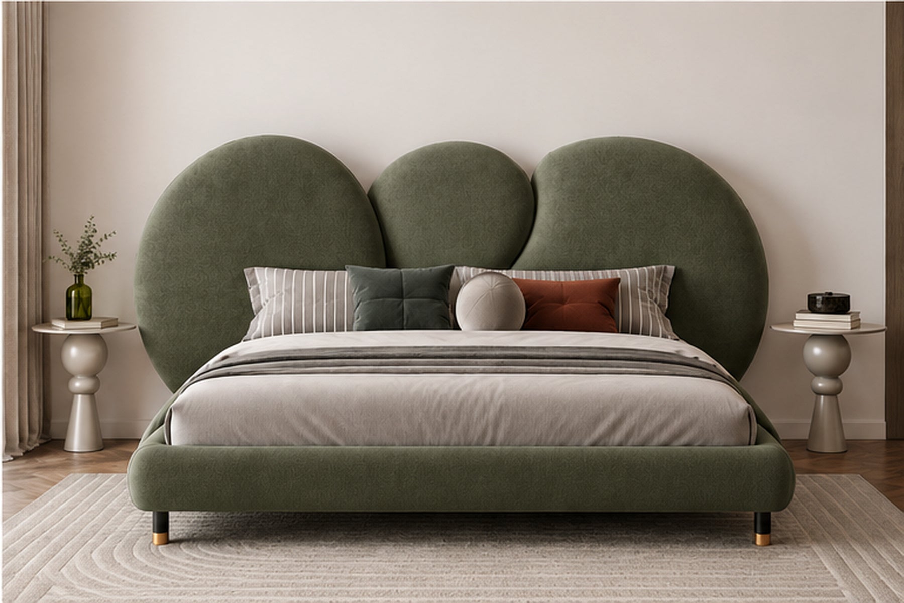 Luna Sculpted Bed in olive green upholstery front view by Z Galleria