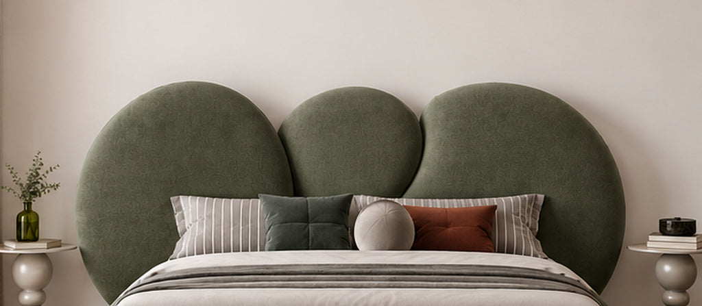 Luna Sculpted Bed olive green sculptural three-panel headboard detail by Z Galleria