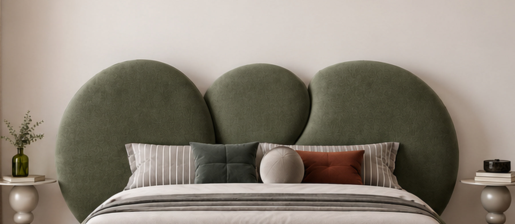 Luna Sculpted Bed olive green sculptural three-panel headboard detail by Z Galleria