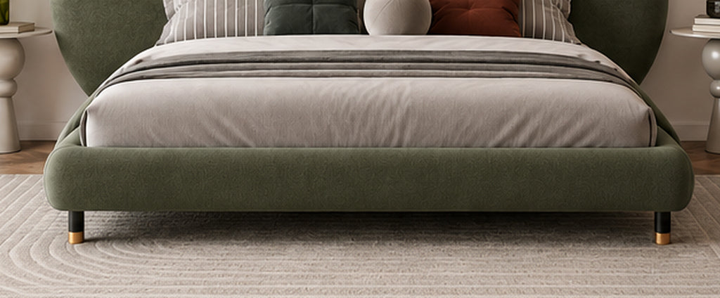 Luna Sculpted Bed olive green upholstered footboard and elevated leg detail by Z Galleria
