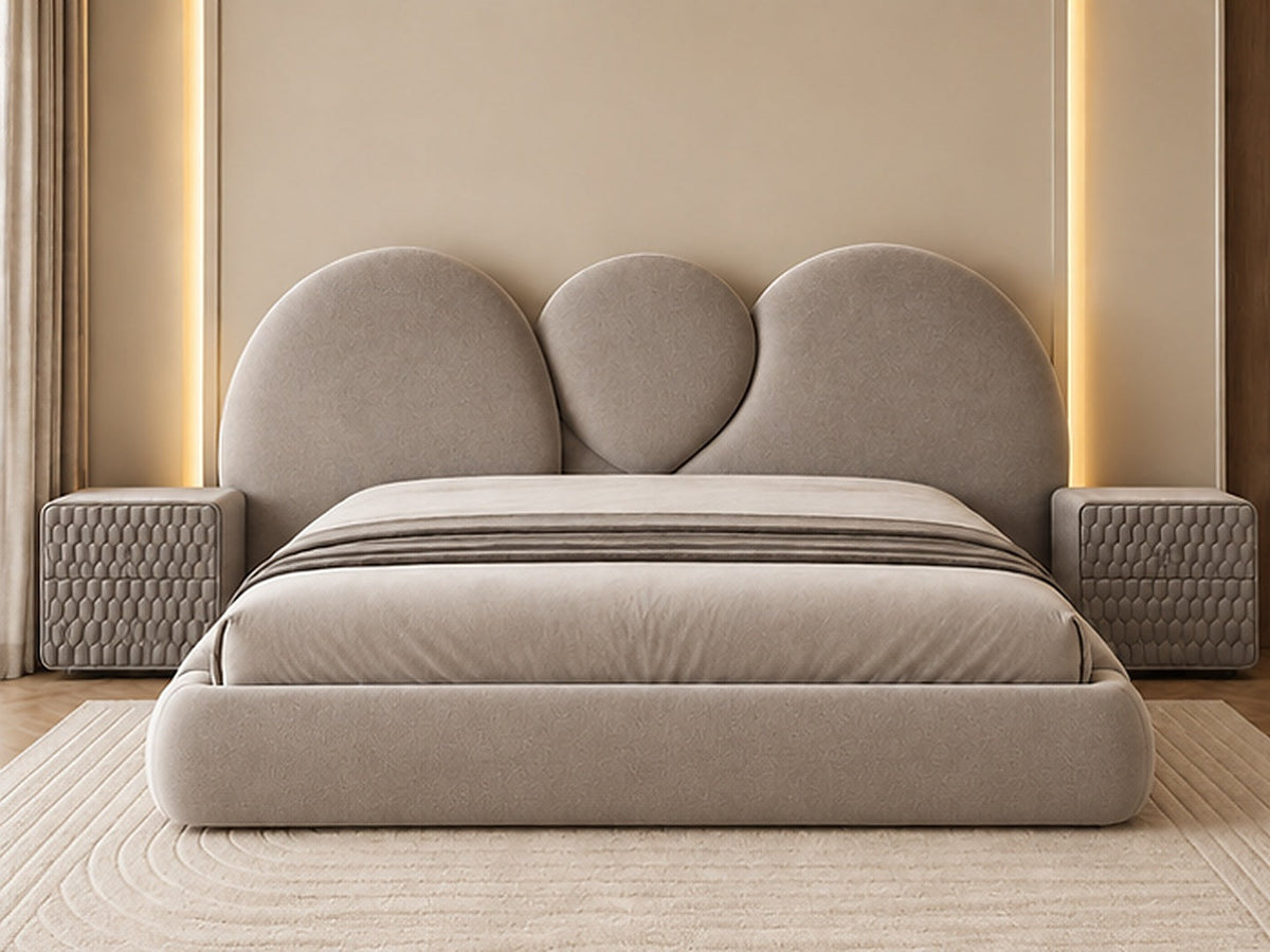 Luna Sculpted Bed in taupe upholstery, full front view by Z Galleria