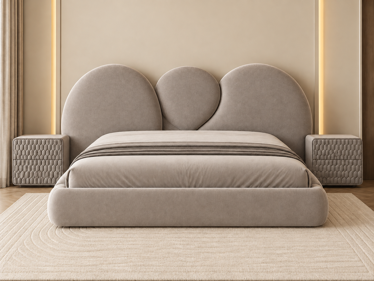Luna Sculpted Bed in taupe upholstery with sculptural three-part headboard, front view by Z Galleria