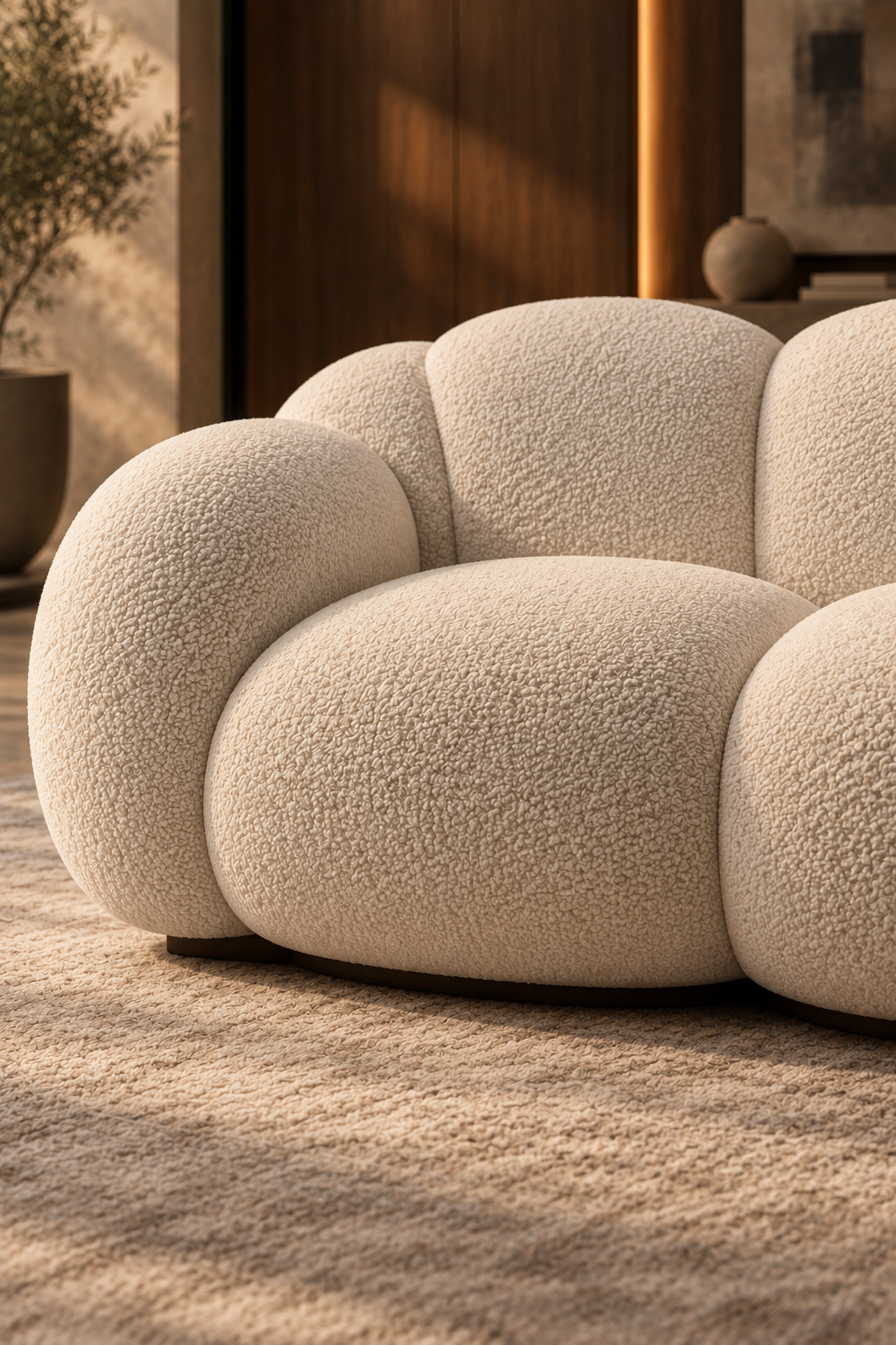 Close-up of Marelle Cloudline oversized sofa bouclé upholstery and rounded cushion transitions