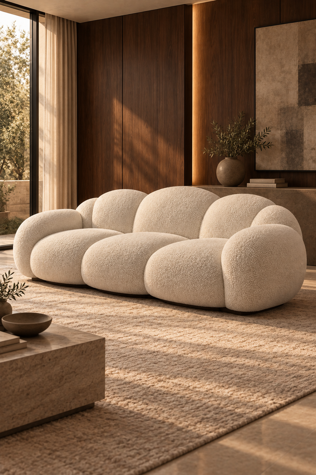 Marelle Cloudline oversized four-seater sofa in a walnut lounge, opposite three-quarter view