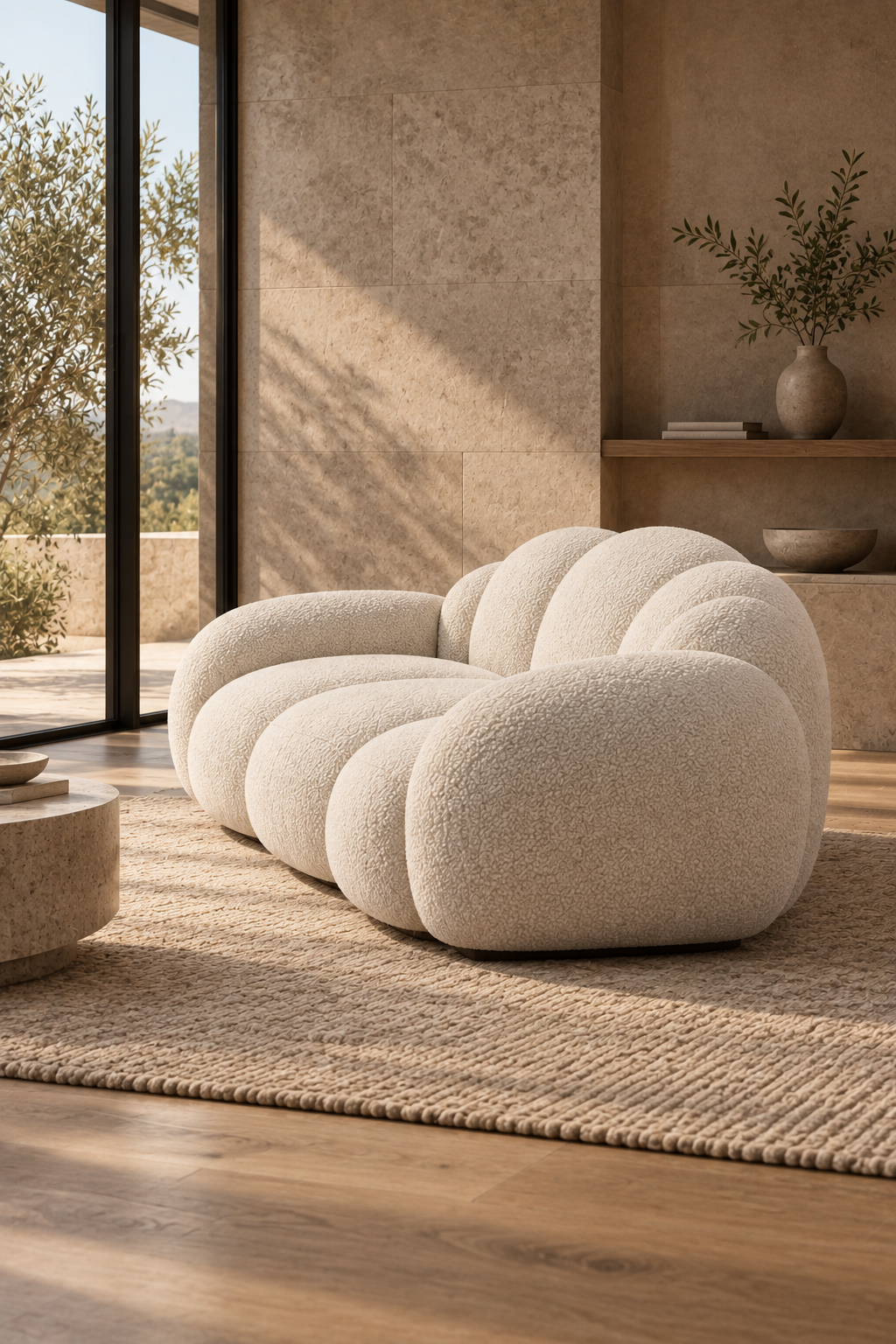 Marelle Cloudline oversized four-seater sofa showing its rounded side profile and low recessed base
