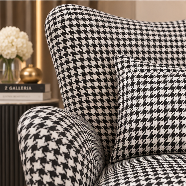 Houndstooth Wingback Accent Chair upholstery and wing detail close-up
