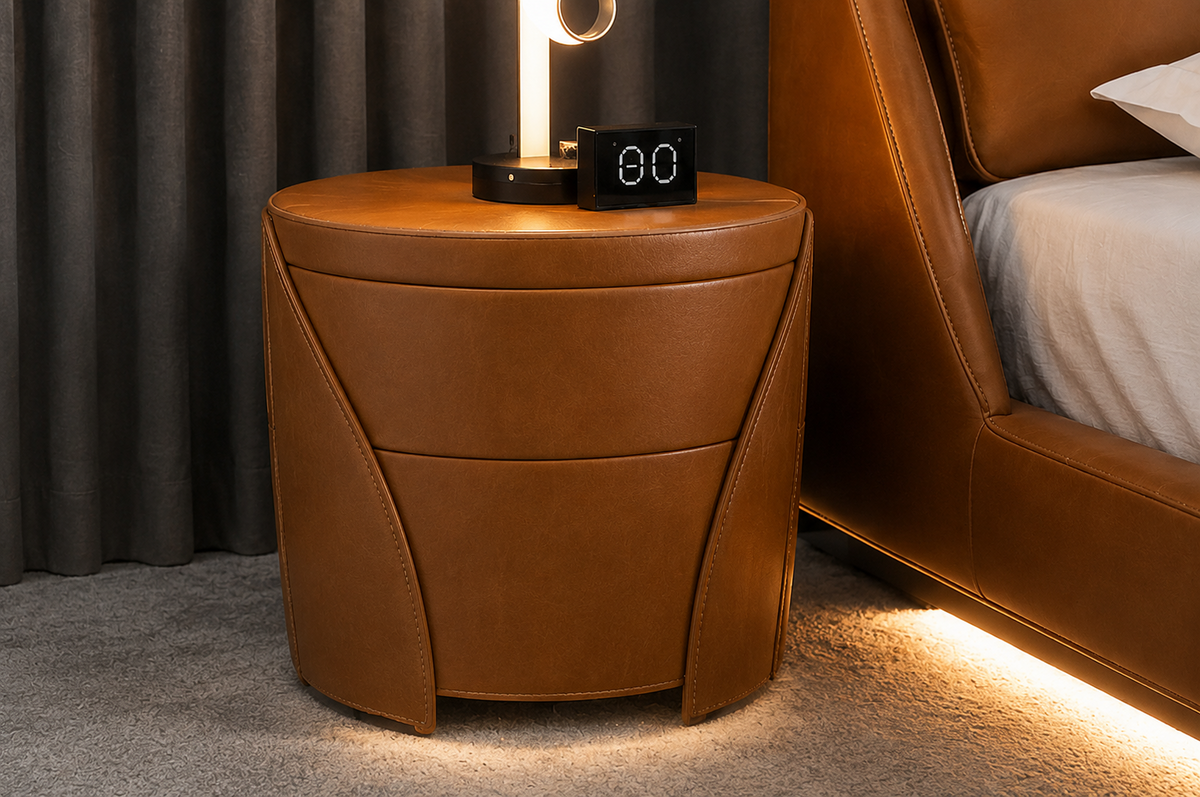 Modern Luxe Platform Bed with Lighting matching cognac side table close-up by Z Galleria