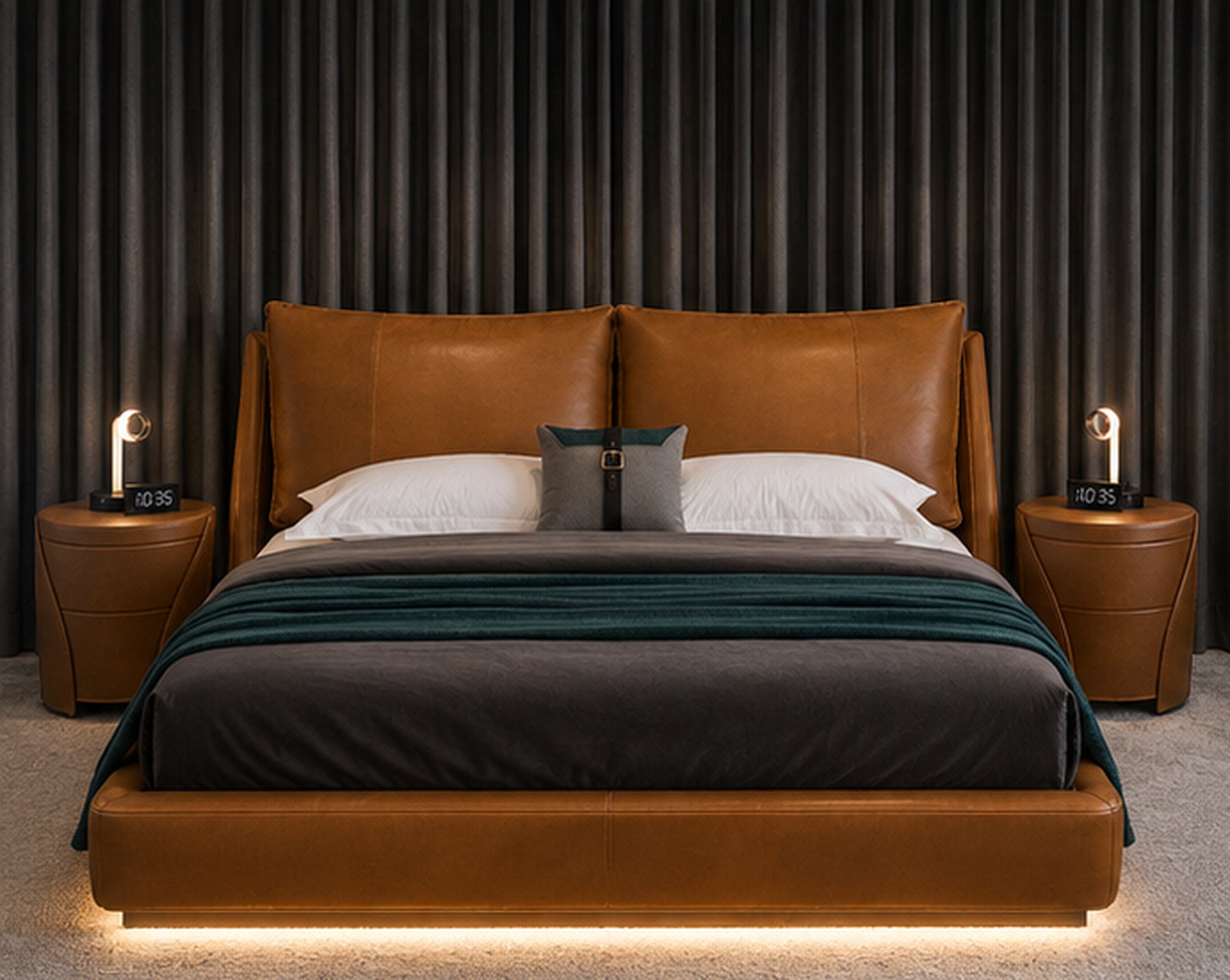 Modern Luxe Platform Bed with Lighting hero view with matching cognac leather side tables by Z Galleria
