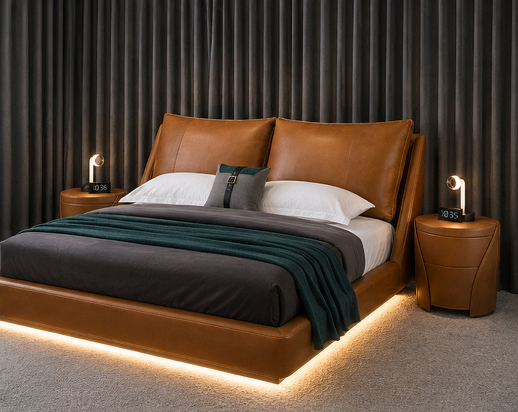 Modern Luxe Platform Bed with Lighting angled view with matching cognac leather side tables by Z Galleria