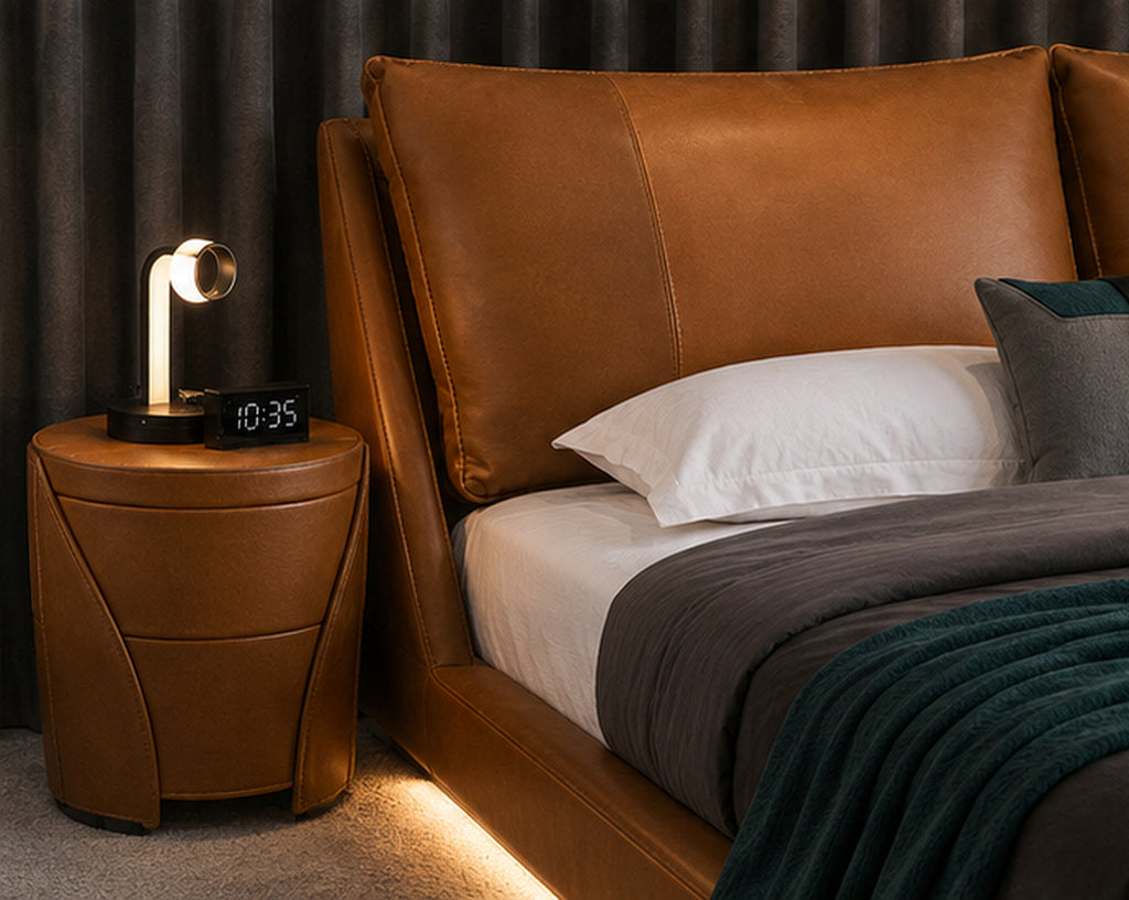 Modern Luxe Platform Bed with Lighting close-up with cognac leather upholstery and matching side table by Z Galleria