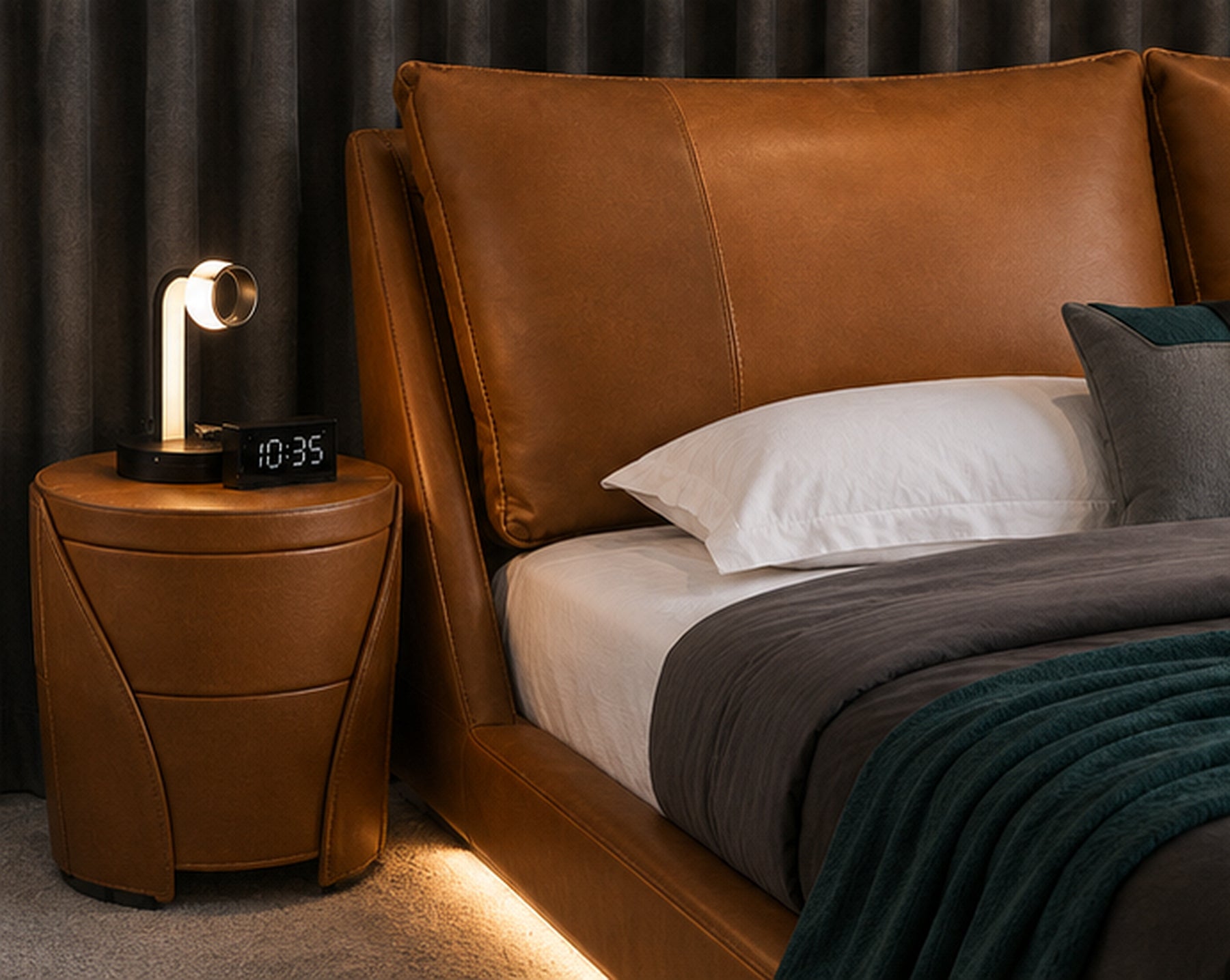 Modern Luxe Platform Bed with Lighting close-up with cognac leather upholstery and matching side table by Z Galleria