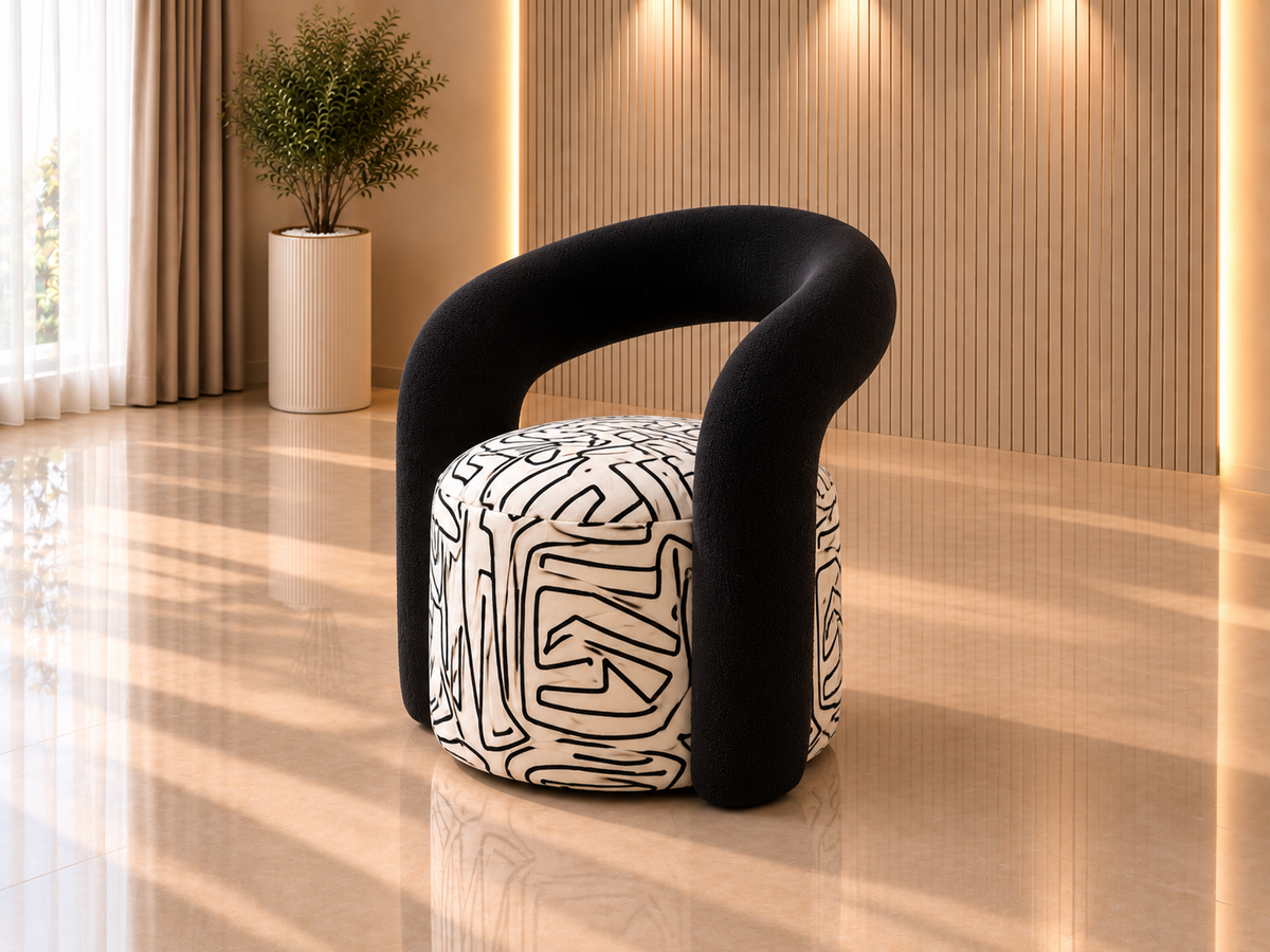Three-quarter view of Noir Arc statement dining chair for premium Lahore interiors