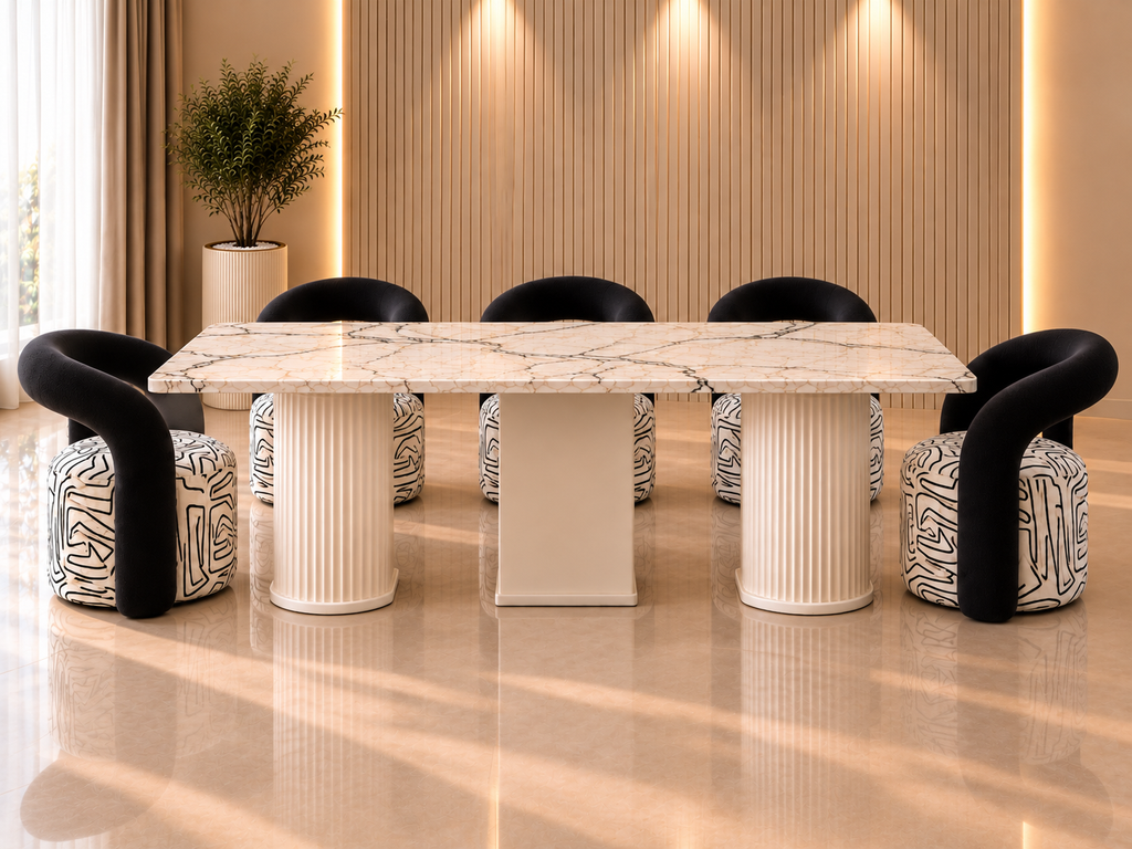 Front view of Noir Arc marble dining set with sculptural black and patterned dining chairs