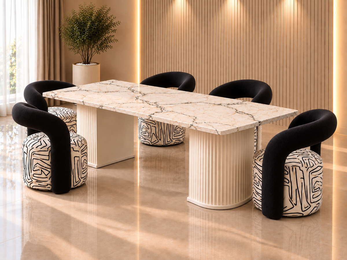Noir Arc marble dining set in a luxury contemporary dining room by Z Galleria Lahore