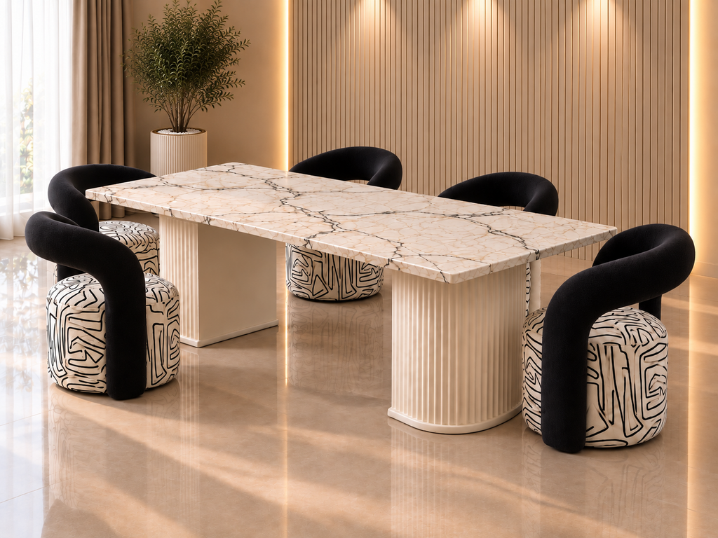 Noir Arc marble dining set with black sculptural velvet dining chairs in a modern Lahore interior