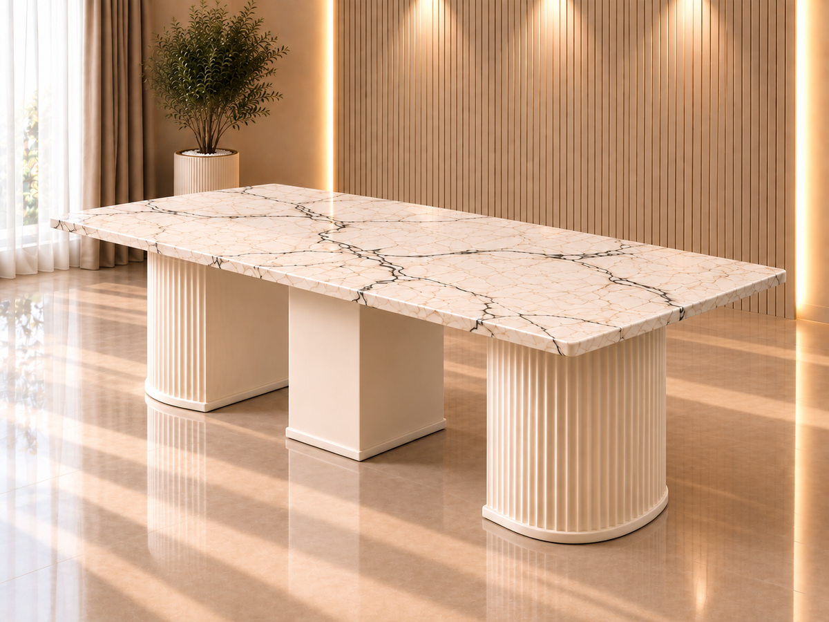 Noir Arc rectangular marble dining table with sculptural MDF pedestal base in a warm luxury interior