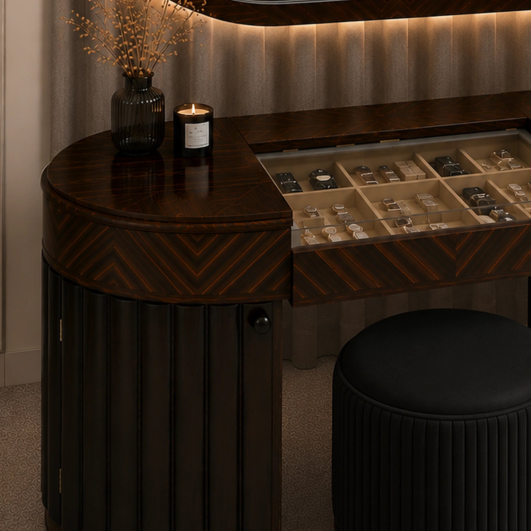 Detail of Noir Élan designer vanity with curved dark cabinetry and illuminated mirror by Z Galleria