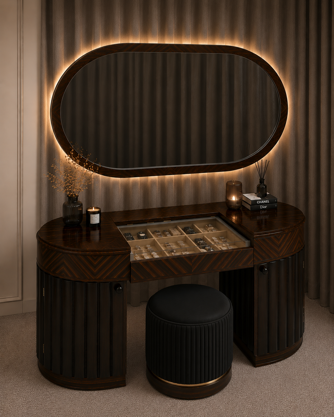 Noir Élan luxury dark dressing table with illuminated mirror and jewellery organiser by Z Galleria Lahore