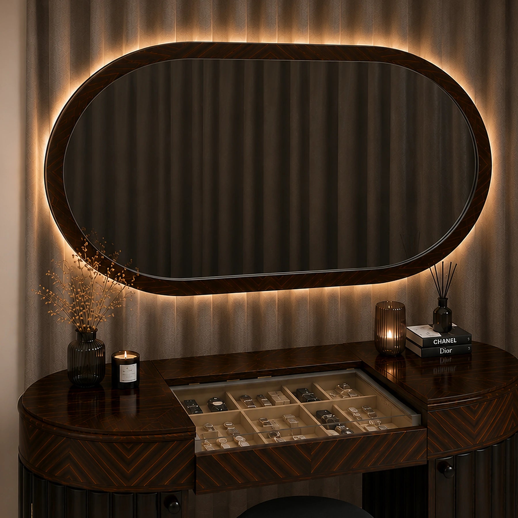 Front view of Noir Élan luxury dressing table with illuminated mirror and dark wood finish by Z Galleria
