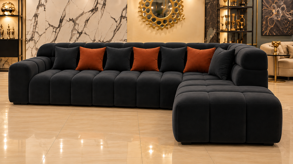 Noir Grid 5-seater sectional sofa with extended chaise, charcoal velvet upholstery and rounded channelled form