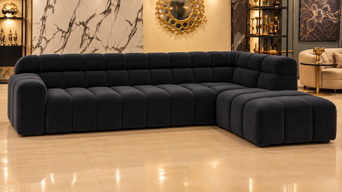 Noir Grid 5-seater L-shape sofa without loose cushions, showing the upholstered backrest and modular seat construction
