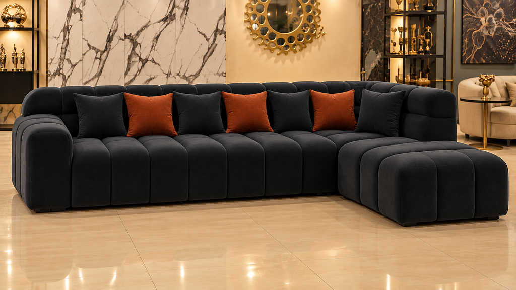 Noir Grid charcoal velvet L-shape sofa, alternate front view for a premium contemporary lounge