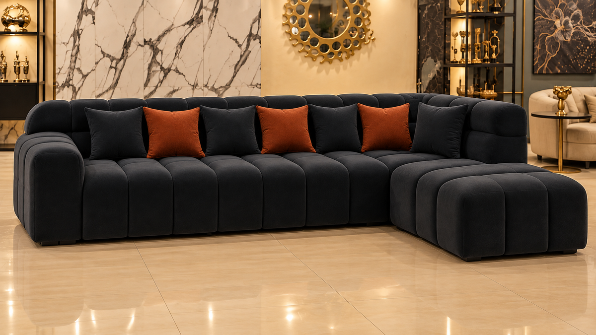 Noir Grid charcoal velvet L-shape sofa, alternate front view for a premium contemporary lounge