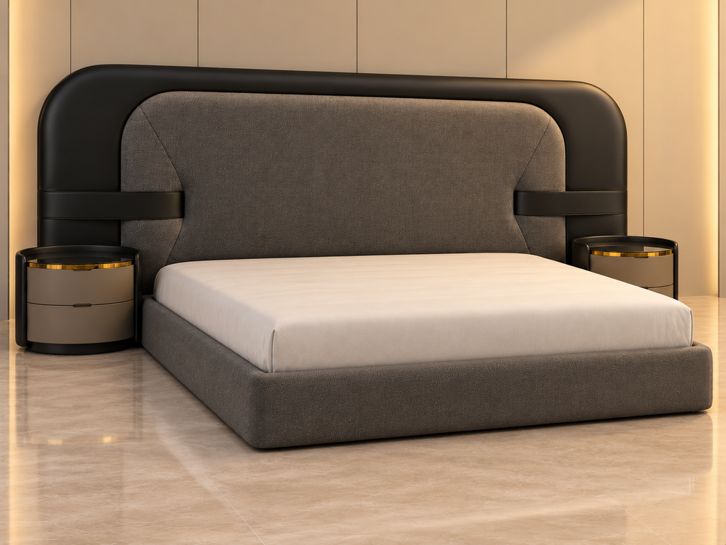 Angled view of Noir Halo Bed Set charcoal variant with solid wood structure, boucle upholstery and black leatherette detailing