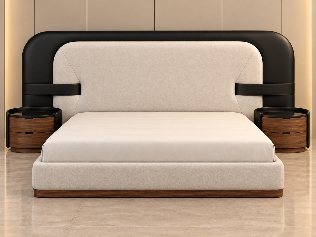 Close-up of Noir Halo Bed Set charcoal variant showing boucle fabric, black leatherette frame and side table detailing