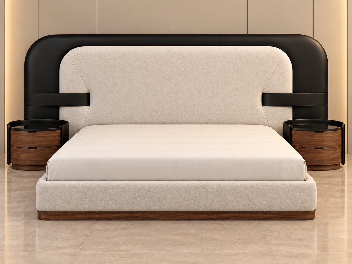 Close-up of Noir Halo Bed Set charcoal variant showing boucle fabric, black leatherette frame and side table detailing