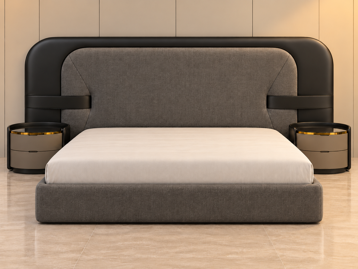 Noir Halo Bed Set charcoal variant front view with boucle upholstery, black leatherette frame and grey drawer fronts - Z Galleria
