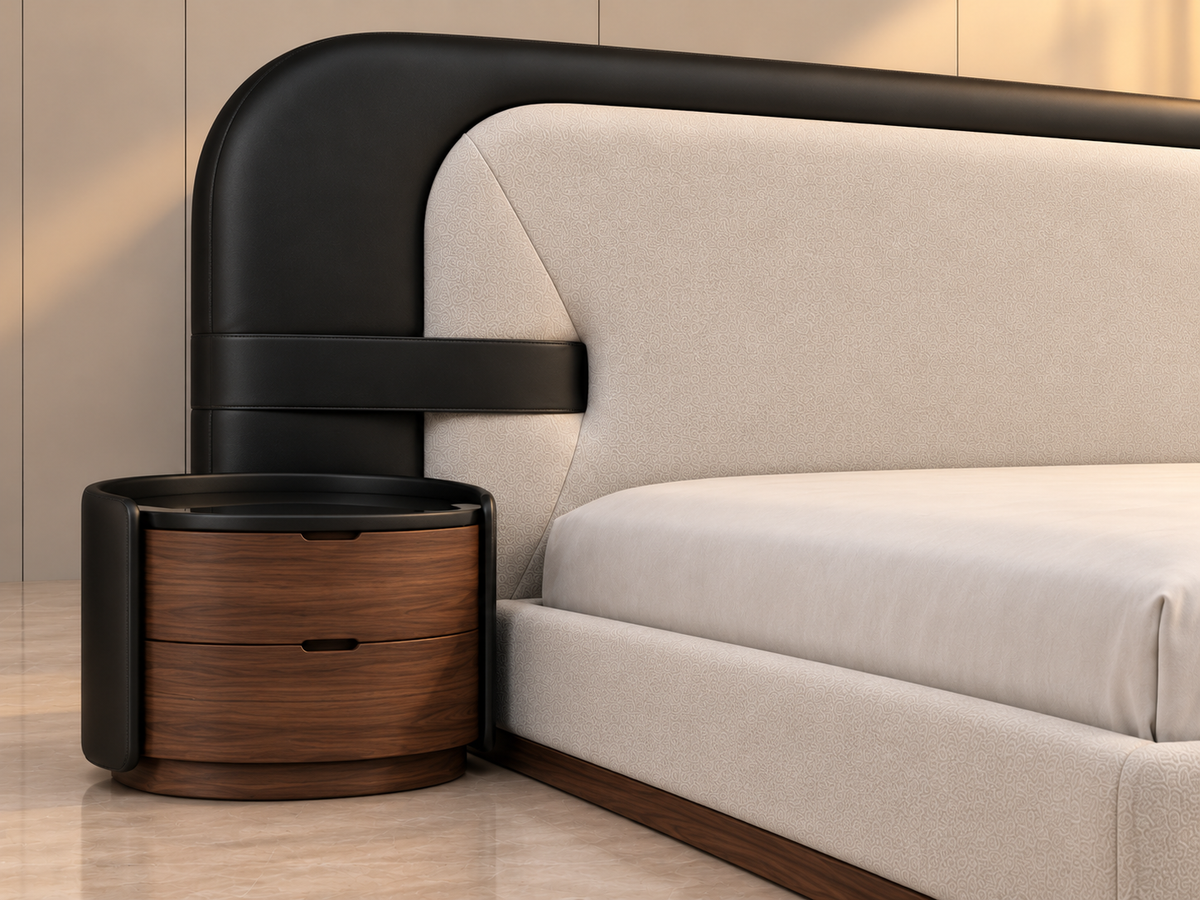 Angled view of Noir Halo Bed Set ivory variant showing boucle upholstery, black leatherette headboard frame and coordinated bedside table