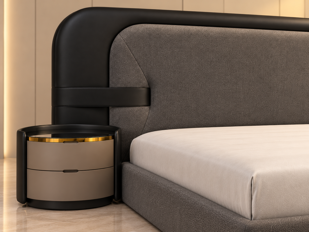Close-up of Noir Halo Bed Set ivory variant showing boucle fabric, black leatherette detailing and side table materials
