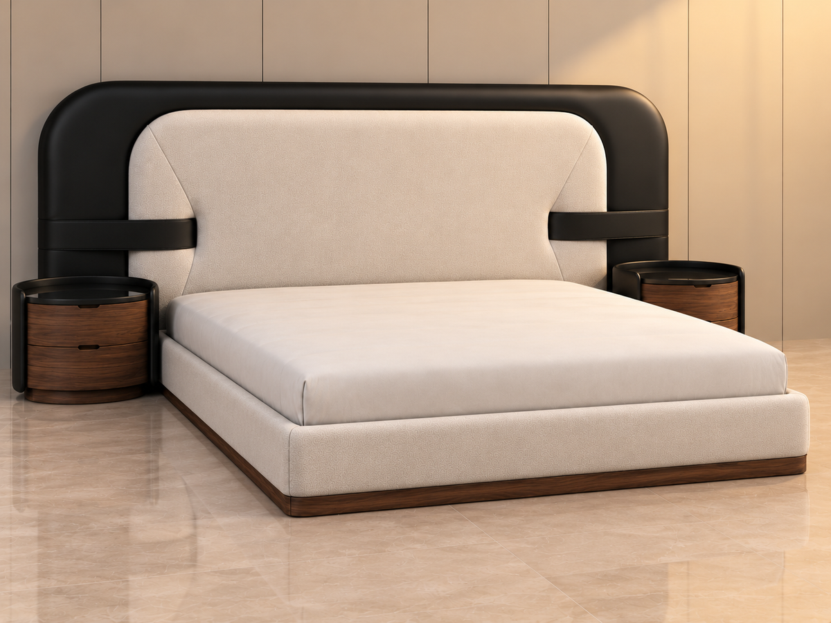 Noir Halo Bed Set ivory variant front view with boucle upholstery, black leatherette frame and matching side tables - Z Galleria