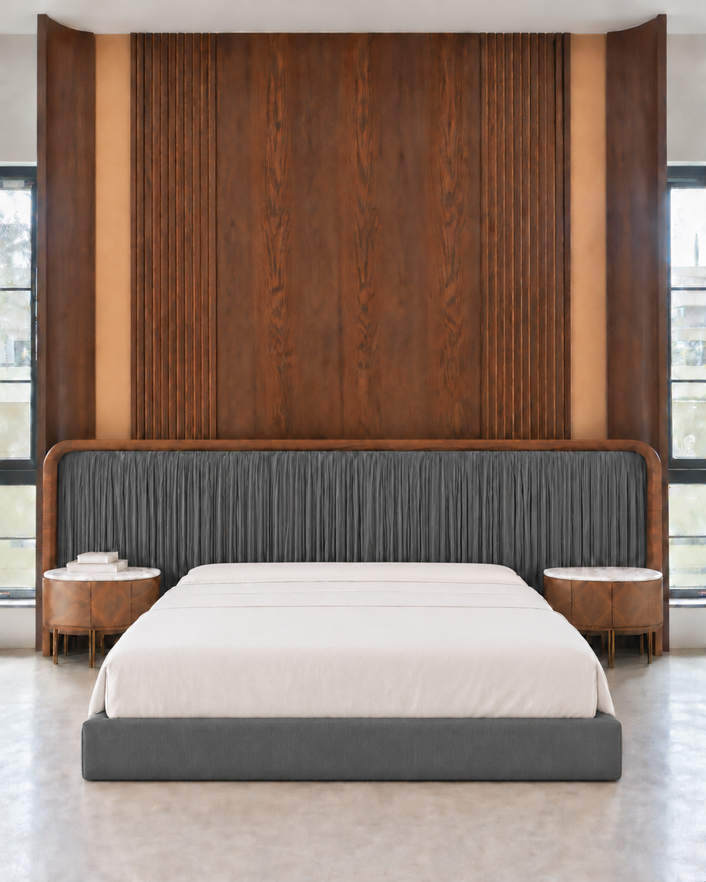 Noir Pleat Bed Set front view with charcoal velvet headboard, solid wood frame and matching side tables - Z Galleria