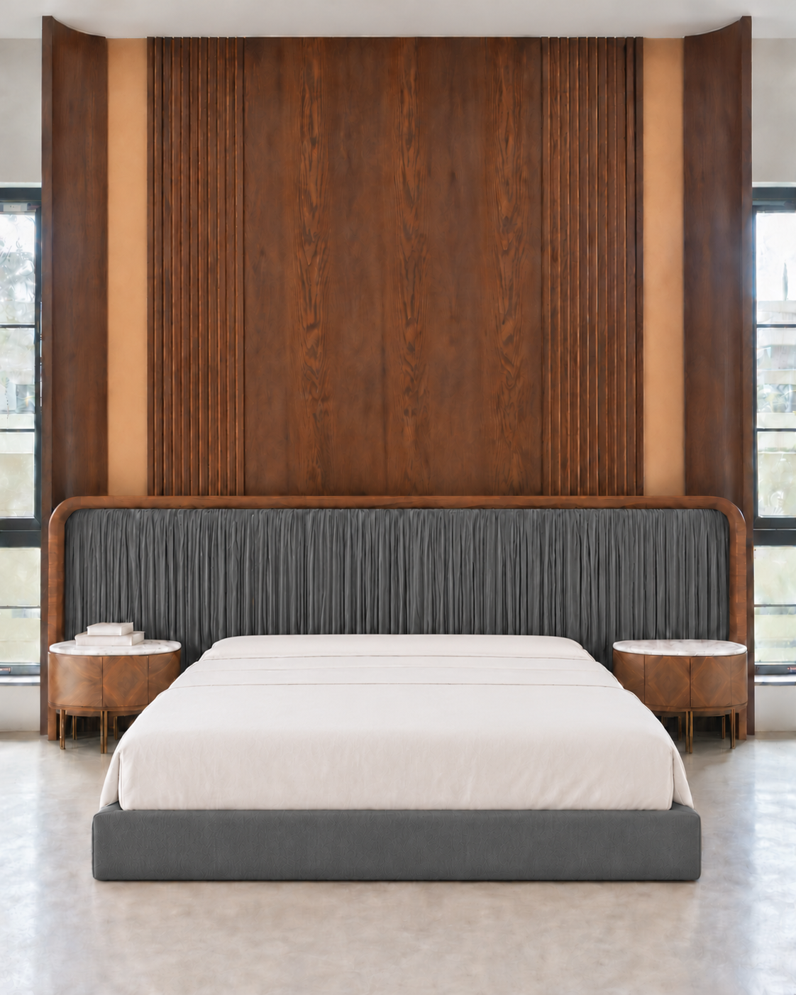 Noir Pleat Bed Set front view with charcoal velvet headboard, solid wood frame and matching side tables - Z Galleria