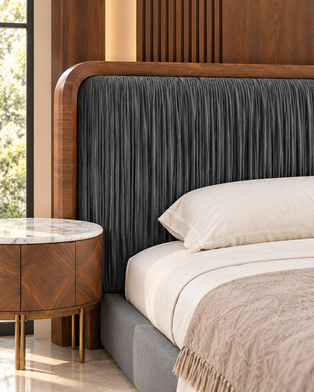 Close-up of Noir Pleat Bed Set charcoal velvet upholstery, solid wood frame and bedside table detailing