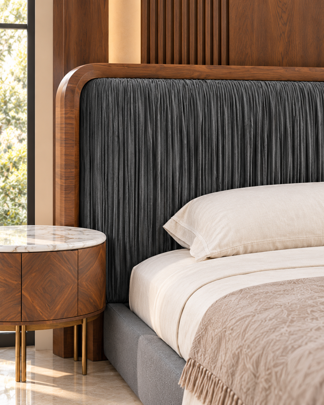Close-up of Noir Pleat Bed Set charcoal velvet upholstery, solid wood frame and bedside table detailing