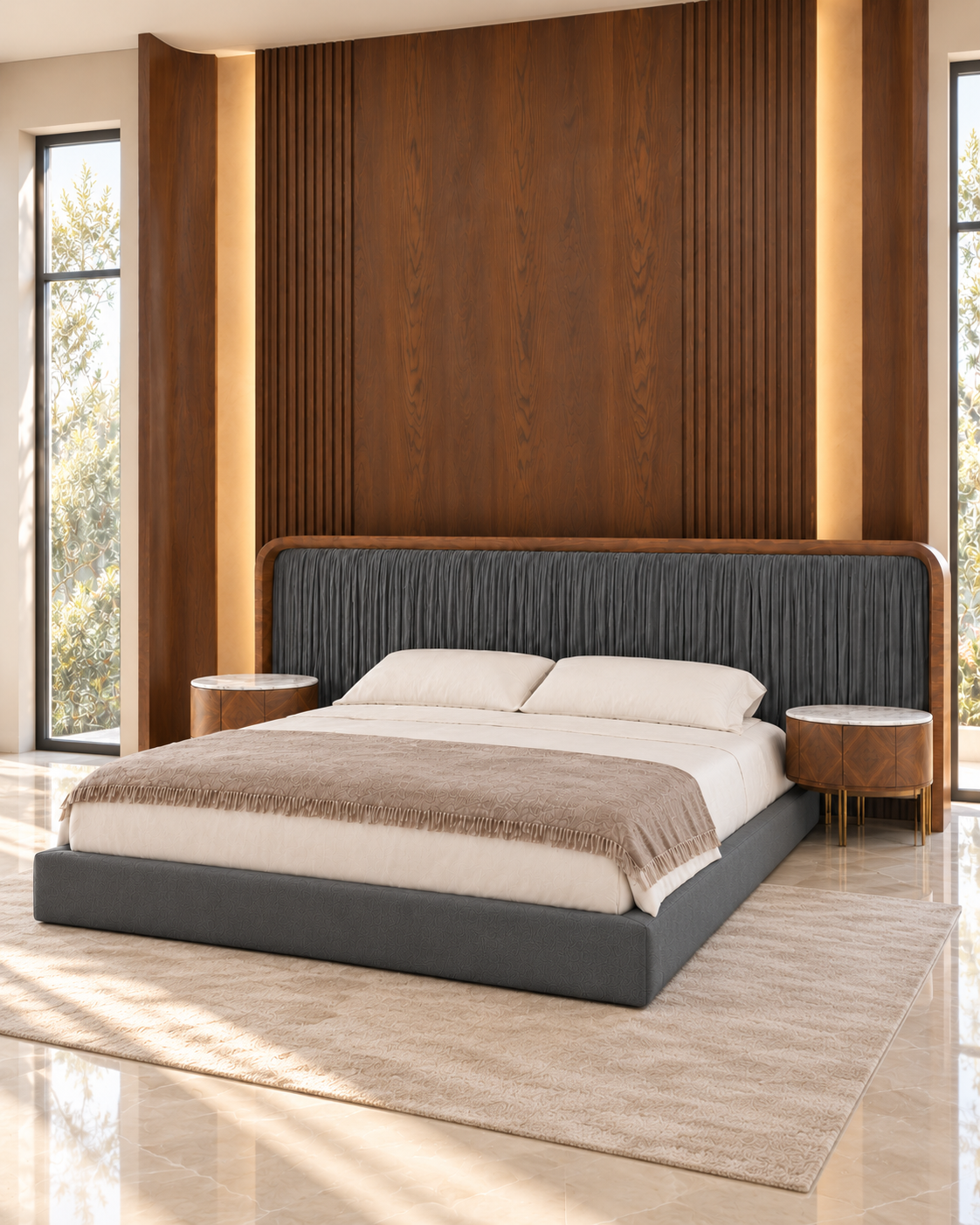 Three-quarter view of Noir Pleat Bed Set with pleated velvet headboard and warm solid wood frame