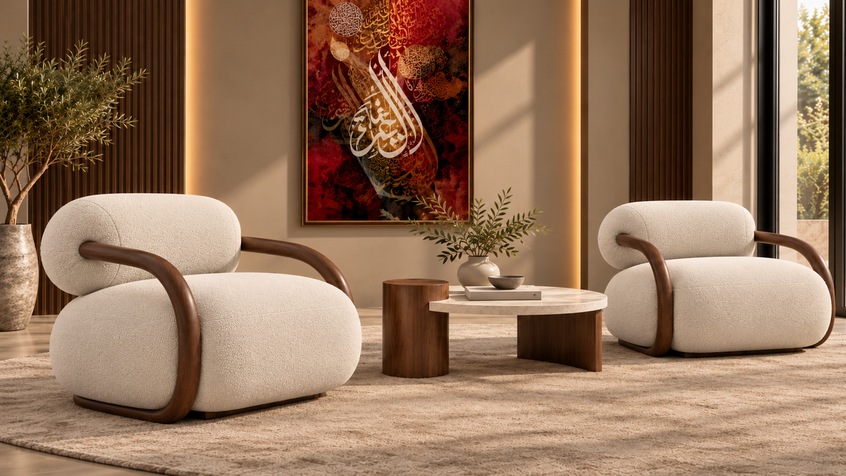 Noura Loop Lounge Chair three-quarter view with smooth ivory boucle upholstery and polished solid wood frame