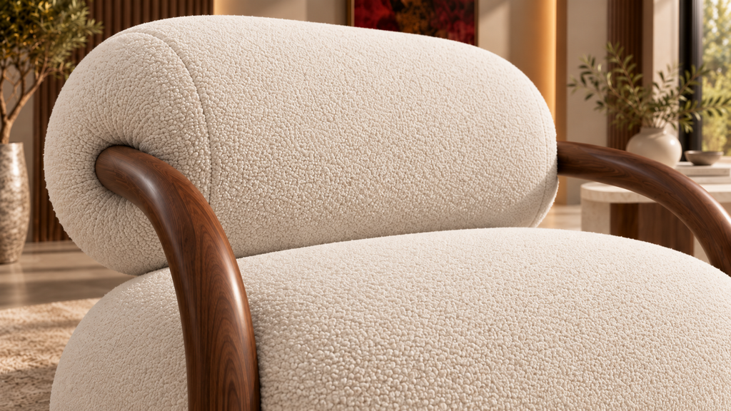Close-up of smooth ivory boucle upholstery on Noura Loop Lounge Chair