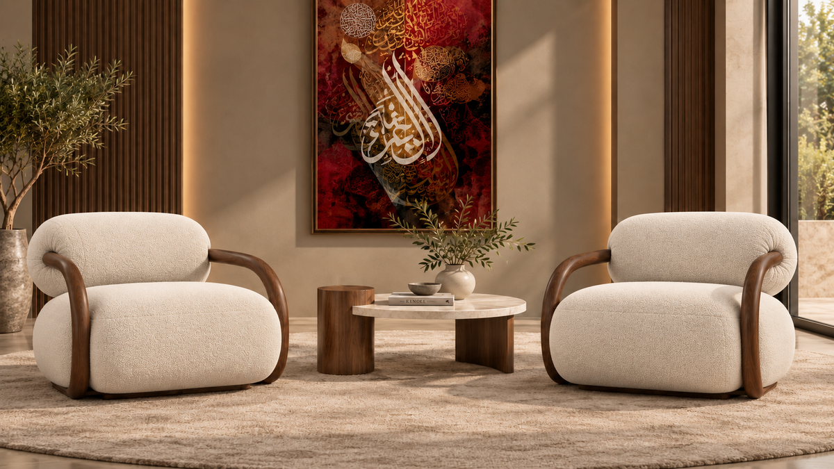 Noura Loop Lounge Chair in ivory smooth boucle with solid wood arms - Z Galleria