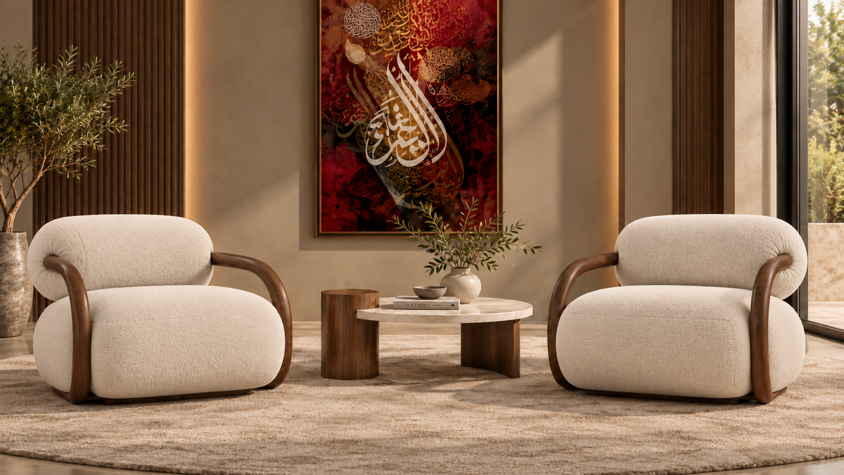 Rear three-quarter view of Noura Loop Lounge Chair with rounded back and solid wood wraparound arms