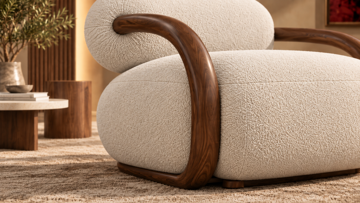 Close-up of polished solid wood arm detail on Noura Loop Lounge Chair