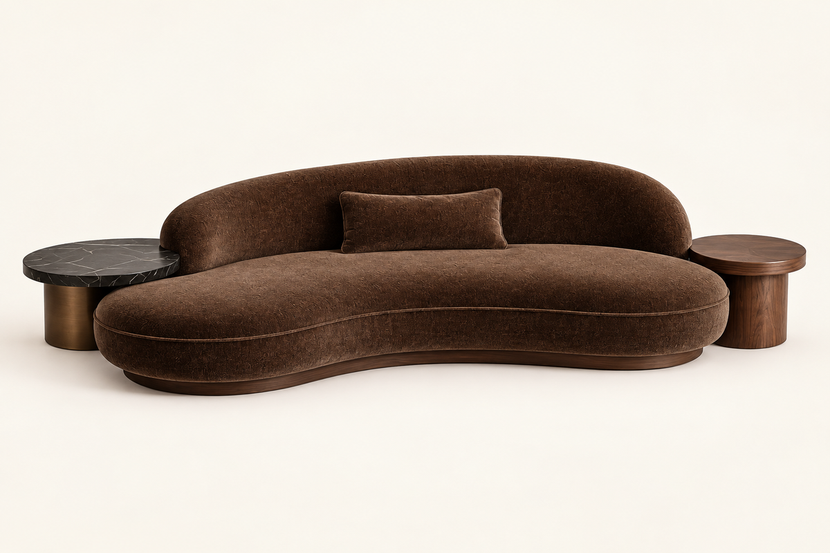 Obsidian Pebble four-seater sofa in brown upholstery with integrated marble side tables, hero view