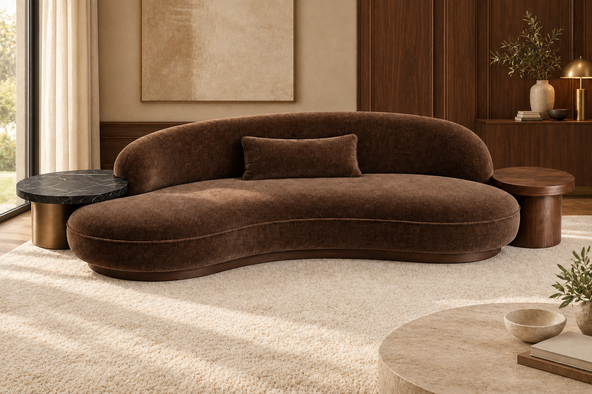 Obsidian Pebble four-seater sofa in a warm walnut-panelled sitting room, full lifestyle view