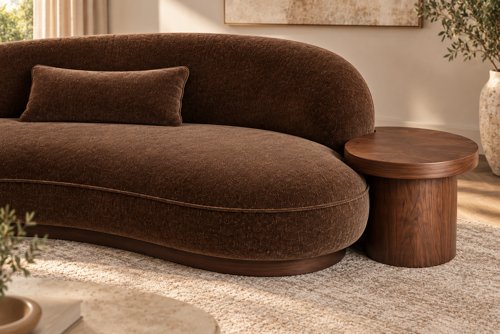 Close-up of the Obsidian Pebble sofa’s integrated walnut side table and solid wood base