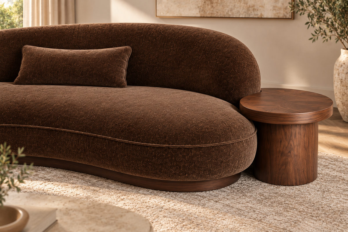 Close-up of the Obsidian Pebble sofa’s integrated walnut side table and solid wood base