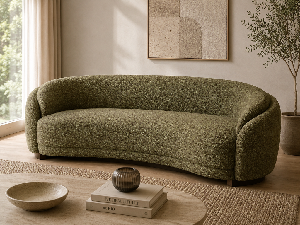 The Olive Arc 3 Seater Curved Sofa in olive green boucle, styled in a refined warm neutral living room